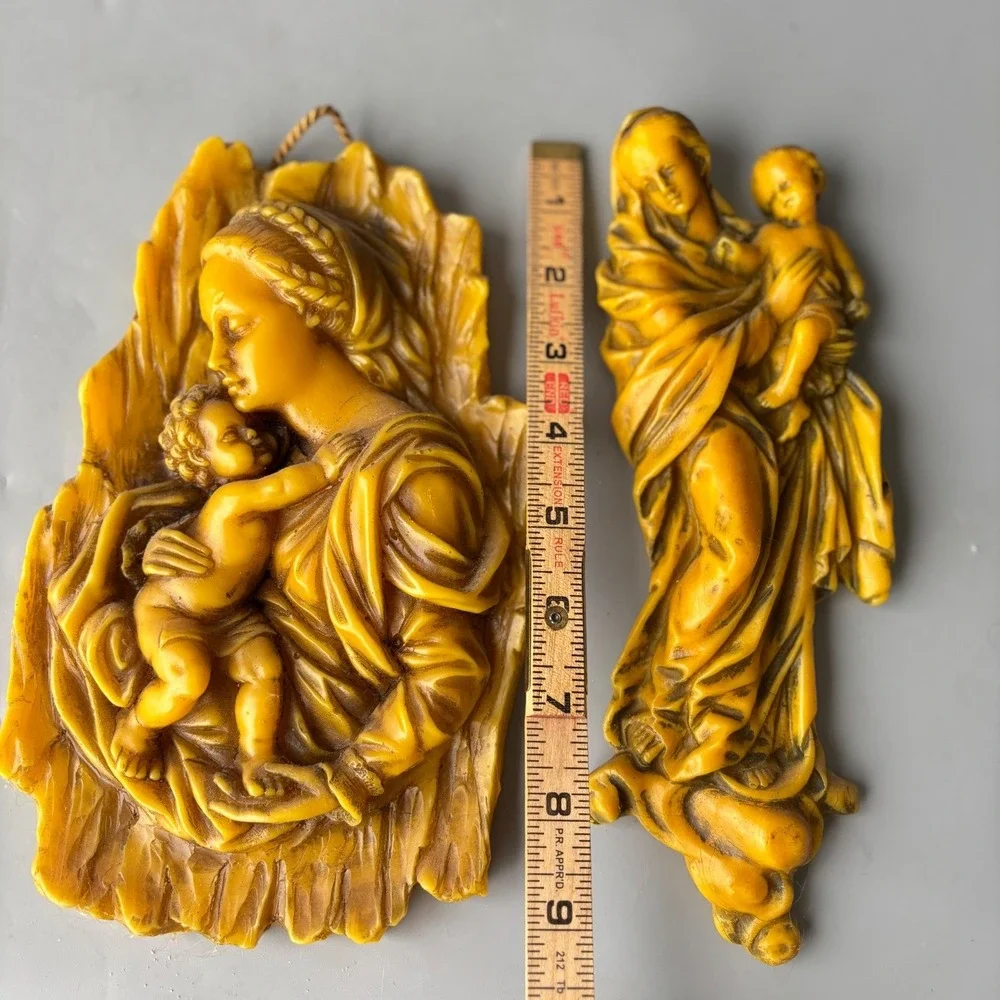 Vtg German‎ Madonna and Child Relief Plaques Set Wax Religious Wall Decor RARE